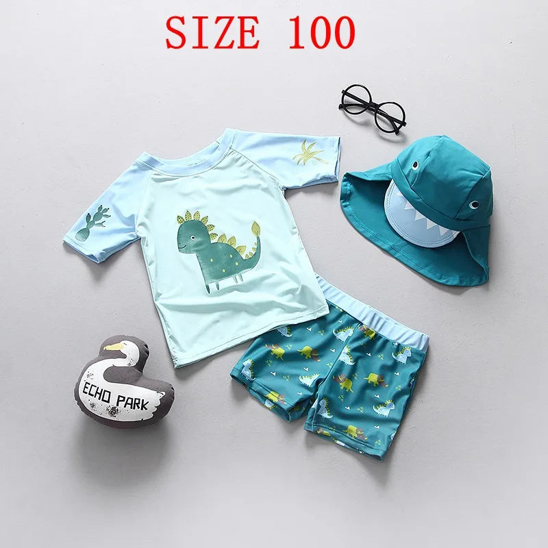Boys' Dinosaur Short-Sleeve Rash Guard Set with Shorts & Hat