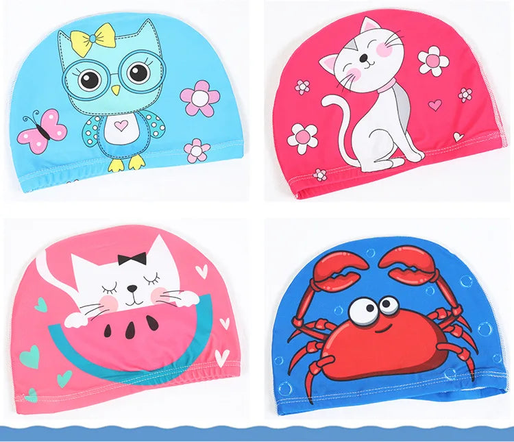 Children Cartoon Swimming Cap Kids Elastic Fabric Swimming Pool Water Sport Protect Ears Hat Swim Bathing Hats Caps Boys Girls
