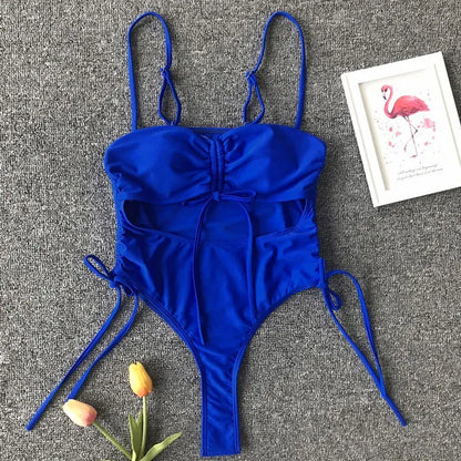 Splicing High Cut Out One Piece Swimsuit Women Tassel Swimwear Female Bathing Suit String Leopard Bikini Monokini Lady