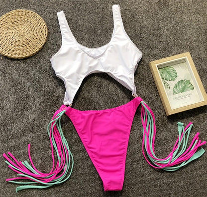 Splicing High Cut Out One Piece Swimsuit Women Tassel Swimwear Female Bathing Suit String Leopard Bikini Monokini Lady