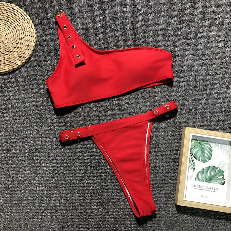 Red Bikini High Waist Cut Swimsuit Women Push Up Swimwear Summer Beachwear Solid One Shoulder Bikini Bathing Suit