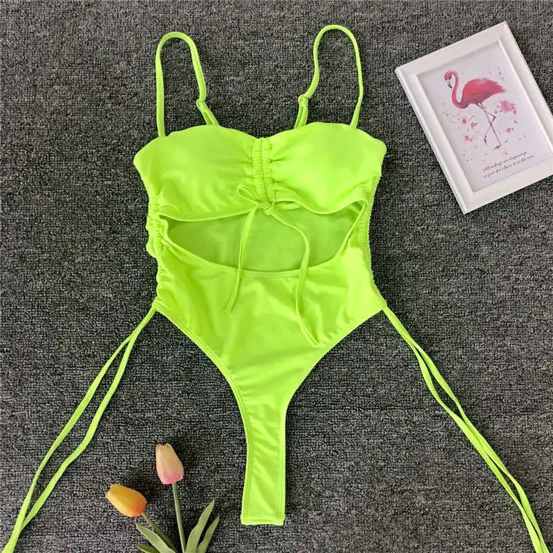 Splicing High Cut Out One Piece Swimsuit Women Tassel Swimwear Female Bathing Suit String Leopard Bikini Monokini Lady
