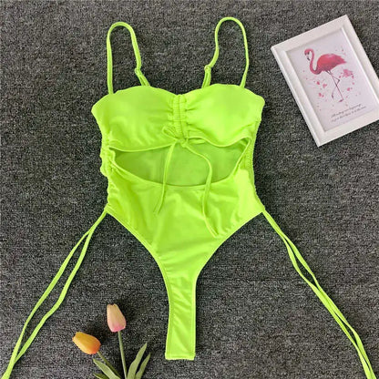 Splicing High Cut Out One Piece Swimsuit Women Tassel Swimwear Female Bathing Suit String Leopard Bikini Monokini Lady