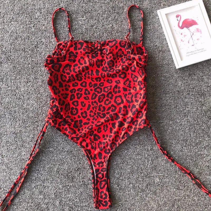 Splicing High Cut Out One Piece Swimsuit Women Tassel Swimwear Female Bathing Suit String Leopard Bikini Monokini Lady