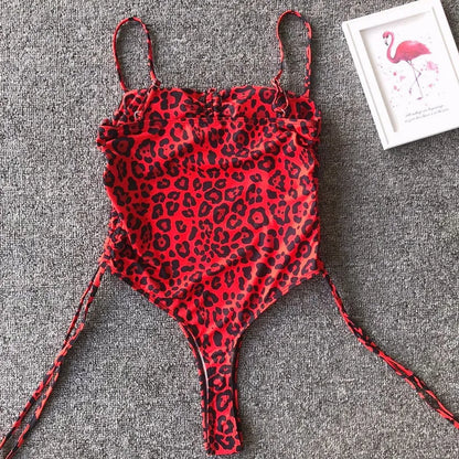 Splicing High Cut Out One Piece Swimsuit Women Tassel Swimwear Female Bathing Suit String Leopard Bikini Monokini Lady