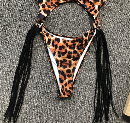 Splicing High Cut Out One Piece Swimsuit Women Tassel Swimwear Female Bathing Suit String Leopard Bikini Monokini Lady