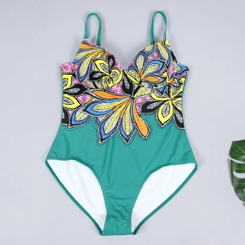 One Piece Swimsuit Closed Large Size Print Swimwear Women Flower Push Up Swimsuits Body Female Beach Bathing Suit XXL