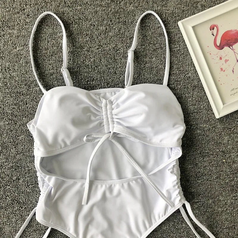 Splicing High Cut Out One Piece Swimsuit Women Tassel Swimwear Female Bathing Suit String Leopard Bikini Monokini Lady