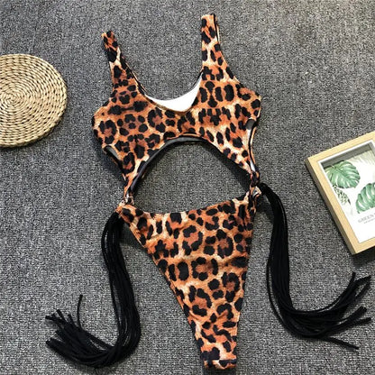 Splicing High Cut Out One Piece Swimsuit Women Tassel Swimwear Female Bathing Suit String Leopard Bikini Monokini Lady