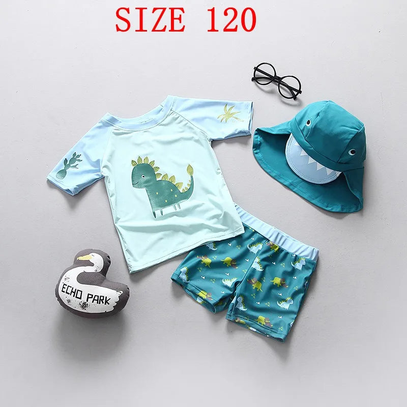 Boys' Dinosaur Short-Sleeve Rash Guard Set with Shorts & Hat
