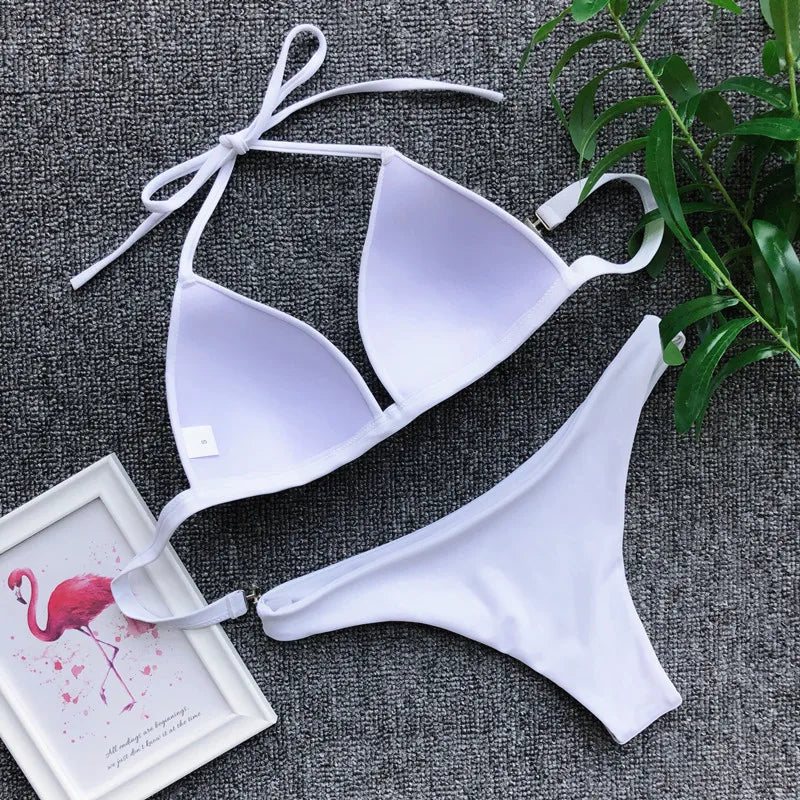 Halter Bra Cup Bikini Swimsuit Female White Swimwear Women Push up Bikini set Brazilian Bathing Suit Bandeau Swim suit