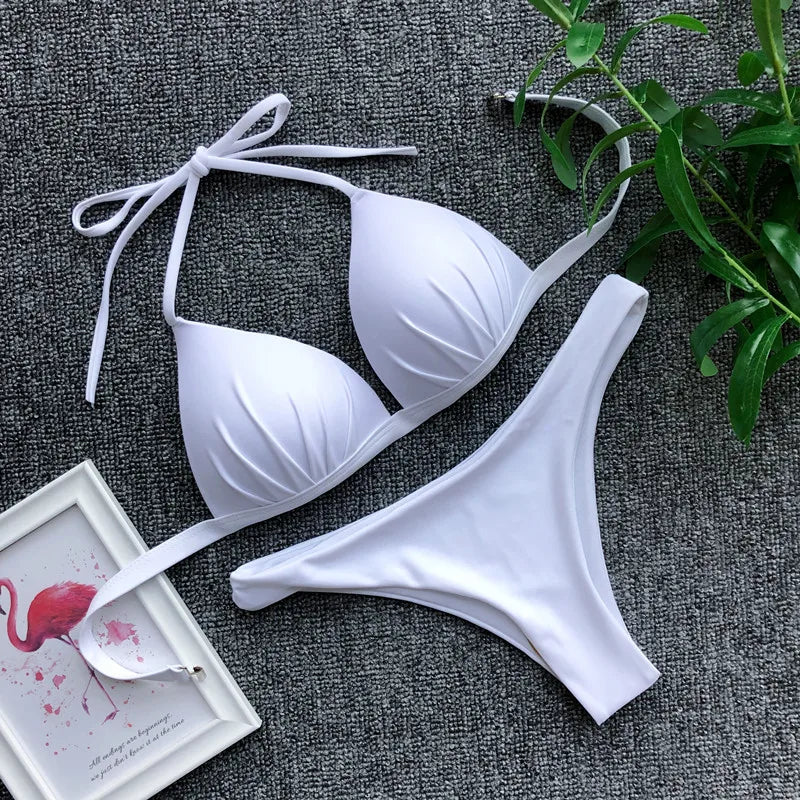 Halter Bra Cup Bikini Swimsuit Female White Swimwear Women Push up Bikini set Brazilian Bathing Suit Bandeau Swim suit