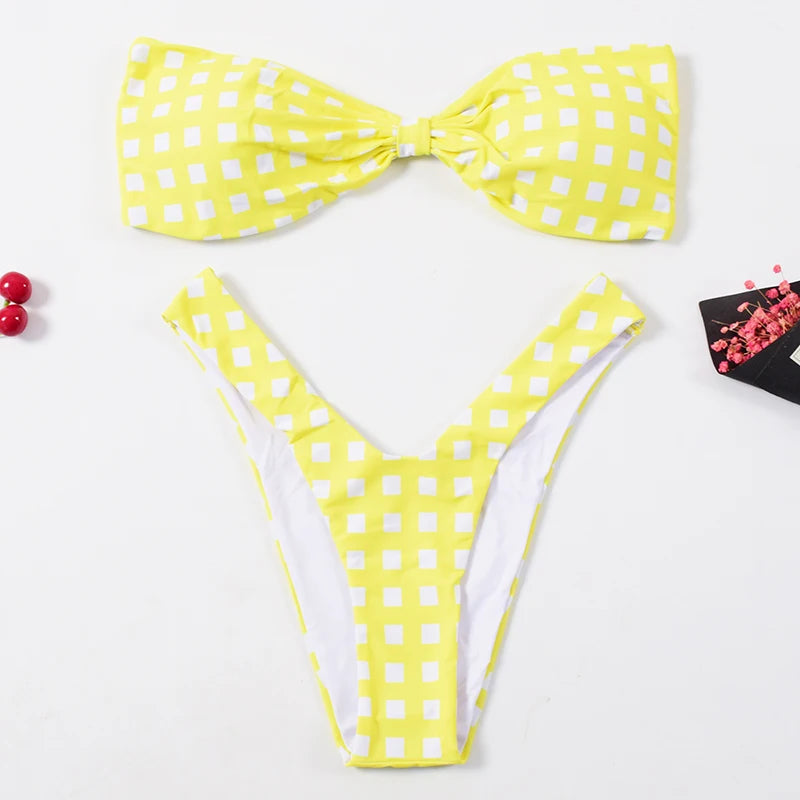 Bikinis Red Bikini  Strapless Bandage Thong Swimsuit Backless Bow Swimwear Women Brazilian Biquini