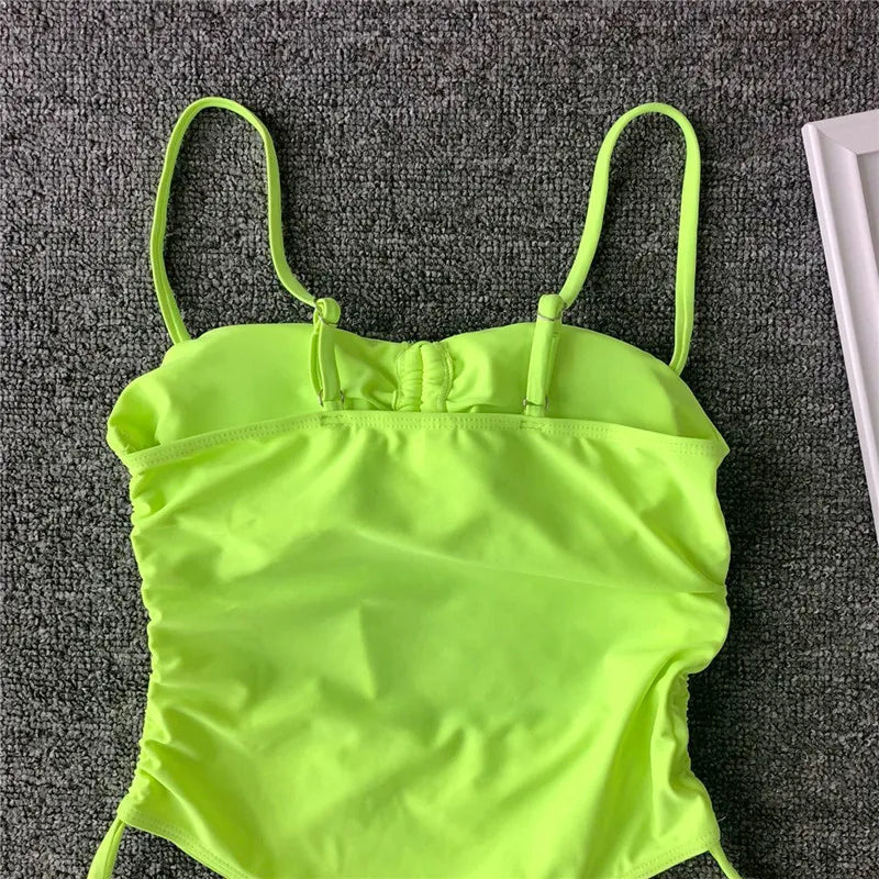 Splicing High Cut Out One Piece Swimsuit Women Tassel Swimwear Female Bathing Suit String Leopard Bikini Monokini Lady