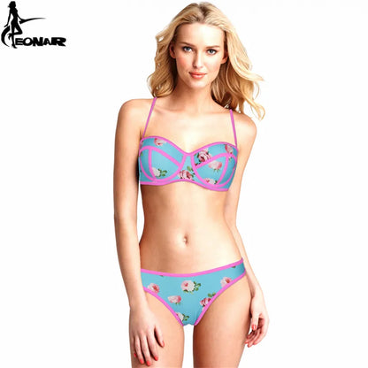 Push Up Floral Print Bikini Set for Women, Swimsuit Swimwear, Adjustable Halter Strap, Ties at Back, Bathing Suits