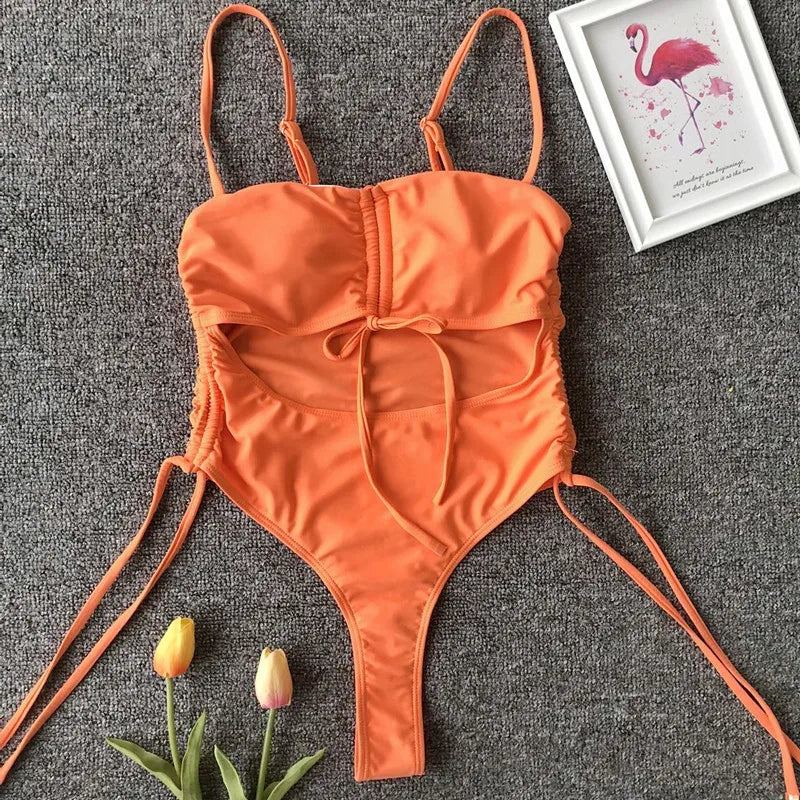 Splicing High Cut Out One Piece Swimsuit Women Tassel Swimwear Female Bathing Suit String Leopard Bikini Monokini Lady