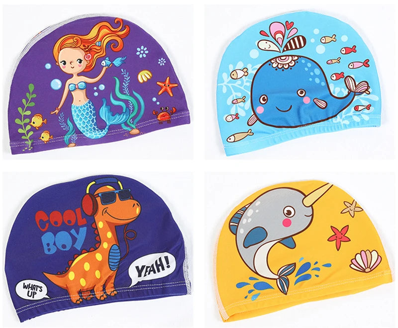 Children Cartoon Swimming Cap Kids Elastic Fabric Swimming Pool Water Sport Protect Ears Hat Swim Bathing Hats Caps Boys Girls