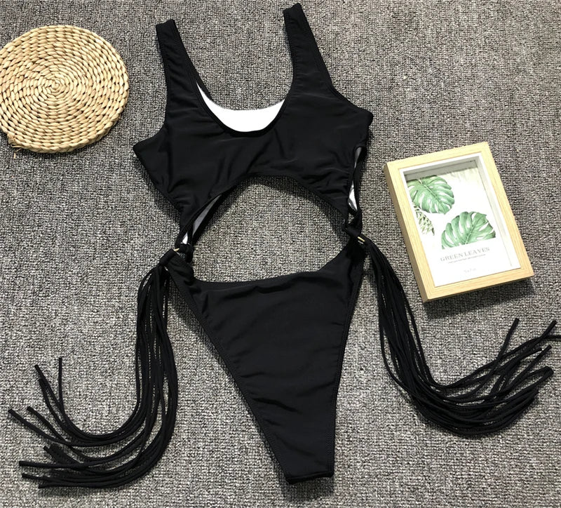 Splicing High Cut Out One Piece Swimsuit Women Tassel Swimwear Female Bathing Suit String Leopard Bikini Monokini Lady