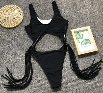 Splicing High Cut Out One Piece Swimsuit Women Tassel Swimwear Female Bathing Suit String Leopard Bikini Monokini Lady