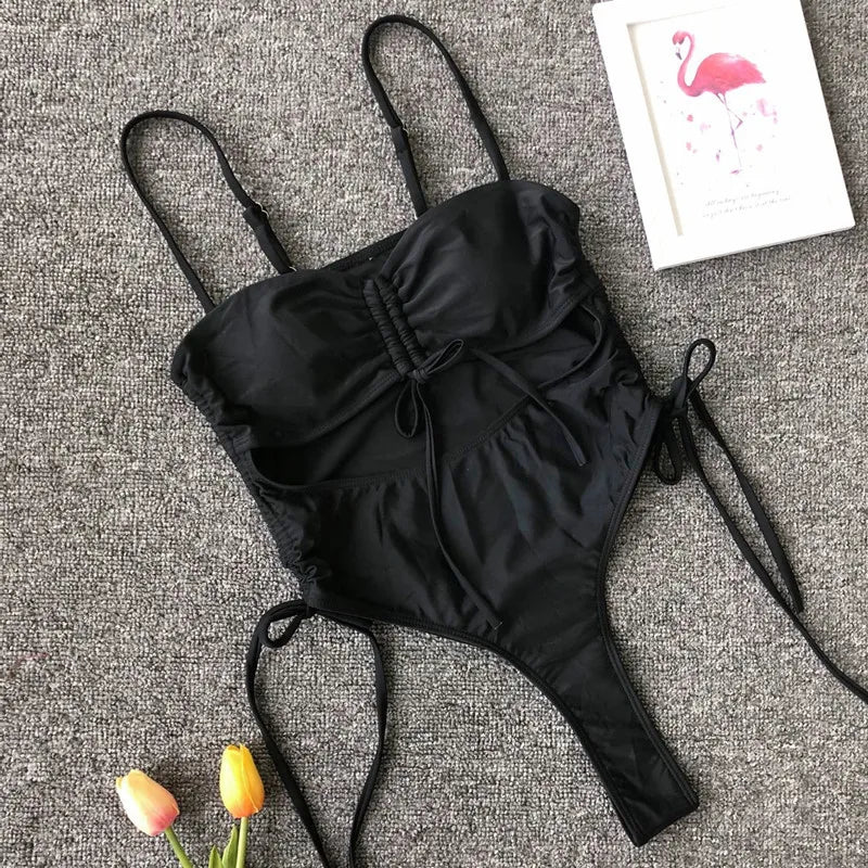 Splicing High Cut Out One Piece Swimsuit Women Tassel Swimwear Female Bathing Suit String Leopard Bikini Monokini Lady