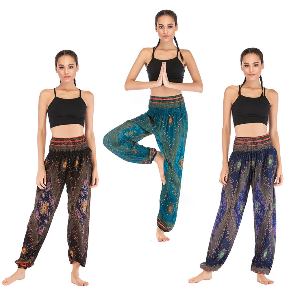 Women's Yoga Pants Bohemian Boho Pants Smocked Printing Design Trousers Loose