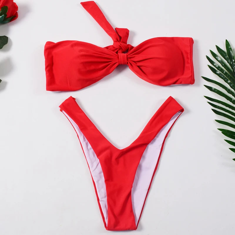 Bikinis Red Bikini  Strapless Bandage Thong Swimsuit Backless Bow Swimwear Women Brazilian Biquini