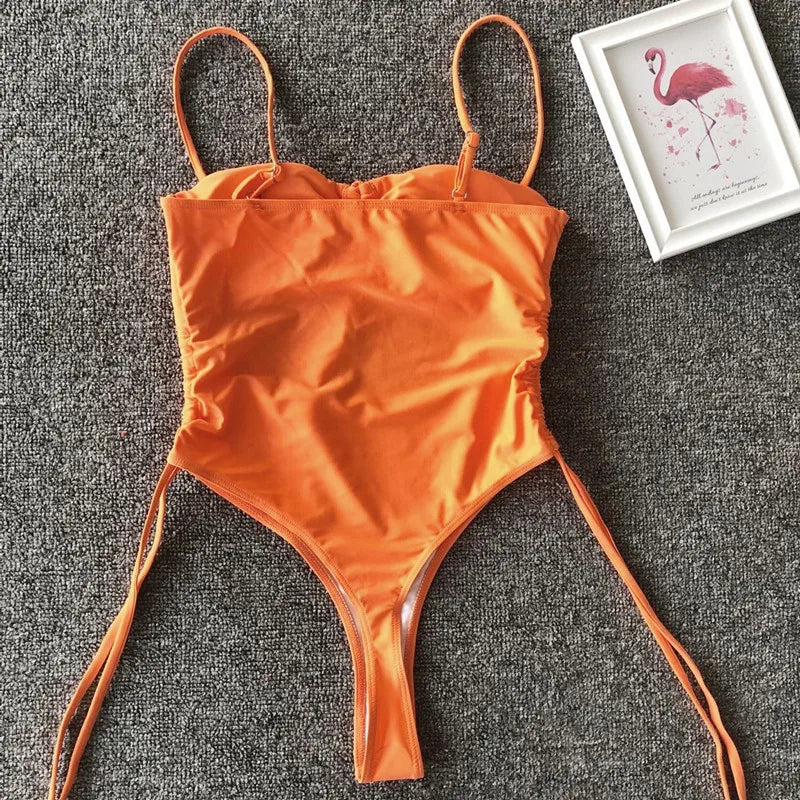 Splicing High Cut Out One Piece Swimsuit Women Tassel Swimwear Female Bathing Suit String Leopard Bikini Monokini Lady