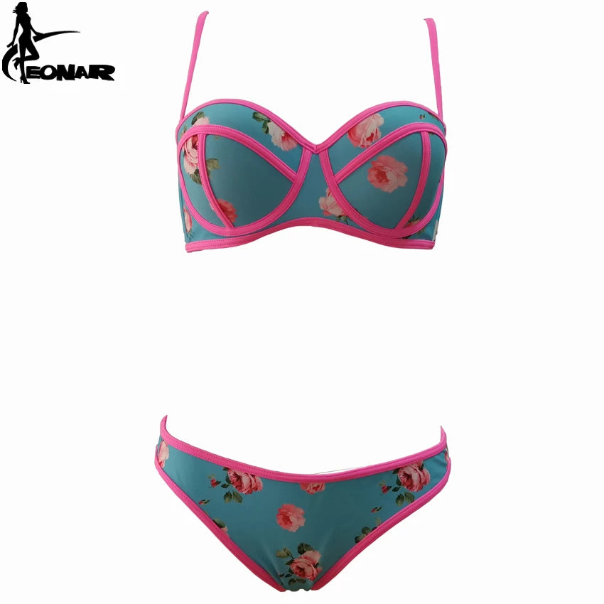 Push Up Floral Print Bikini Set for Women, Swimsuit Swimwear, Adjustable Halter Strap, Ties at Back, Bathing Suits