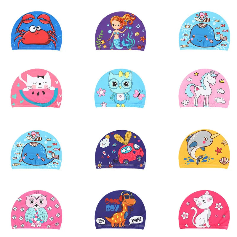 Children Cartoon Swimming Cap Kids Elastic Fabric Swimming Pool Water Sport Protect Ears Hat Swim Bathing Hats Caps Boys Girls