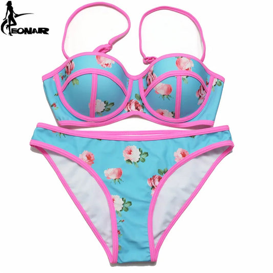 Push Up Floral Print Bikini Set for Women, Swimsuit Swimwear, Adjustable Halter Strap, Ties at Back, Bathing Suits