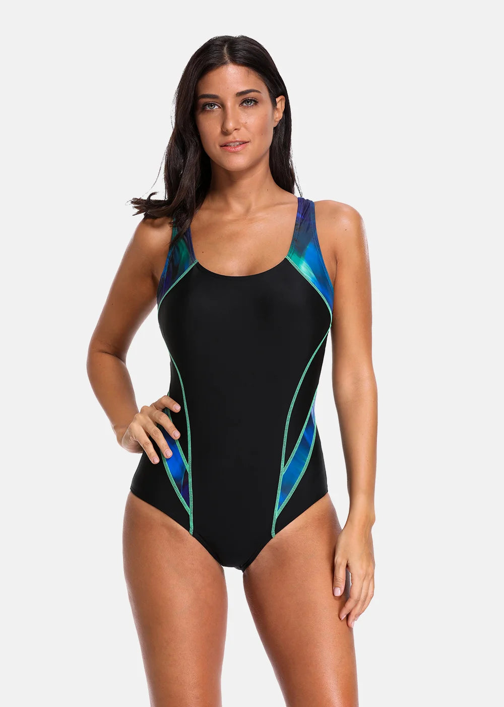 Attraco One Piece Women Sports Swimwear Sports Swimsuit Colorblock Monokini Beach Bathing Suit Bikini Monokini Backless