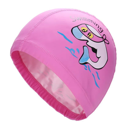 Kids Children Swimming Cap Waterproof PU Fabric Cute Cartoon Animal Dolphin Protect Ears Long Hair Boys Girls Swim Pool Caps Hat