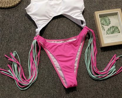 Splicing High Cut Out One Piece Swimsuit Women Tassel Swimwear Female Bathing Suit String Leopard Bikini Monokini Lady