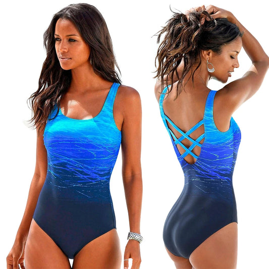 Push Up Swimwear Criss Cross Back One-piece Beach Bathing Suit Gradient Print  One Piece Women Swimsuit Bathers