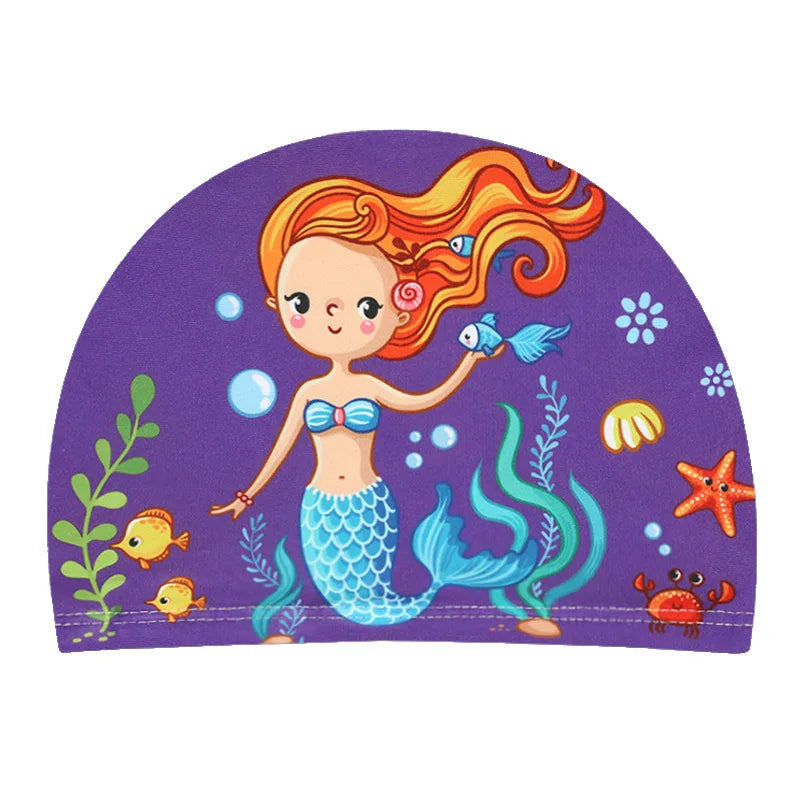 Children Cartoon Swimming Cap Kids Elastic Fabric Swimming Pool Water Sport Protect Ears Hat Swim Bathing Hats Caps Boys Girls