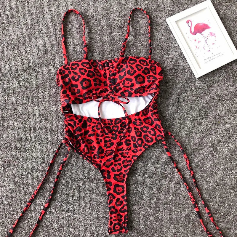 Splicing High Cut Out One Piece Swimsuit Women Tassel Swimwear Female Bathing Suit String Leopard Bikini Monokini Lady