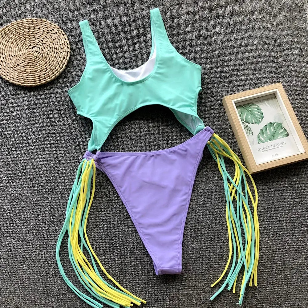Splicing High Cut Out One Piece Swimsuit Women Tassel Swimwear Female Bathing Suit String Leopard Bikini Monokini Lady