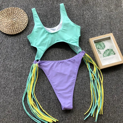 Splicing High Cut Out One Piece Swimsuit Women Tassel Swimwear Female Bathing Suit String Leopard Bikini Monokini Lady