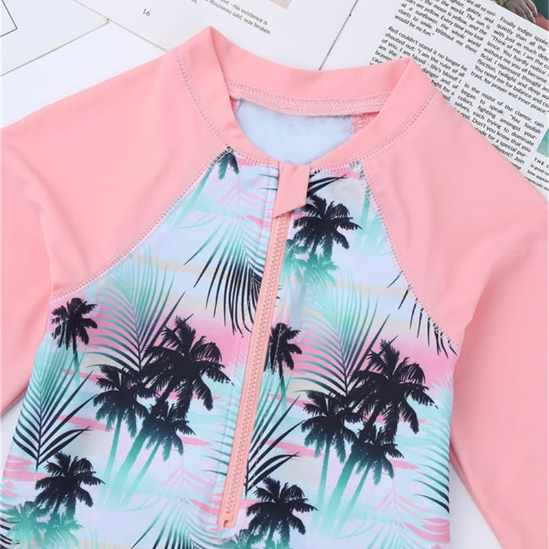 Summer Swimming One-piece Kids Girls Swimsuit Rash Guard Long Sleeves Palm Printed Zippered Bathing Suit Swimwear Beach Wear