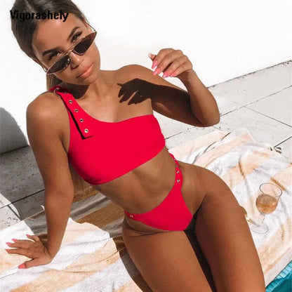 Red Bikini High Waist Cut Swimsuit Women Push Up Swimwear Summer Beachwear Solid One Shoulder Bikini Bathing Suit