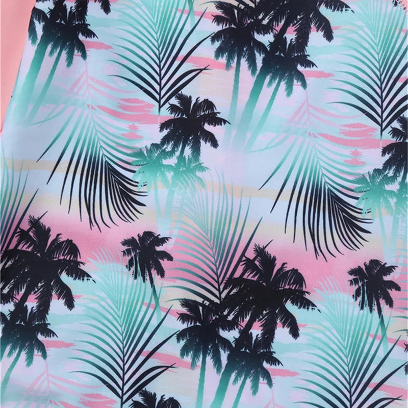 Summer Swimming One-piece Kids Girls Swimsuit Rash Guard Long Sleeves Palm Printed Zippered Bathing Suit Swimwear Beach Wear