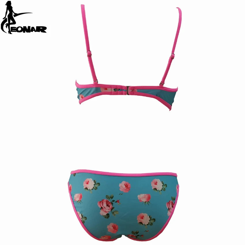 Push Up Floral Print Bikini Set for Women, Swimsuit Swimwear, Adjustable Halter Strap, Ties at Back, Bathing Suits