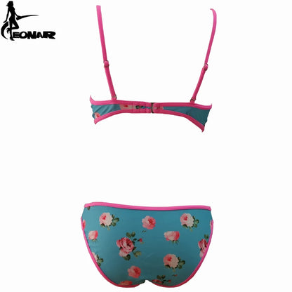 Push Up Floral Print Bikini Set for Women, Swimsuit Swimwear, Adjustable Halter Strap, Ties at Back, Bathing Suits