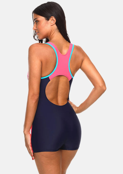 Attraco One Piece Women Sports Swimwear Sports Swimsuit Colorblock Swimwear Open Back Beach Wear Sports Bathing Suits