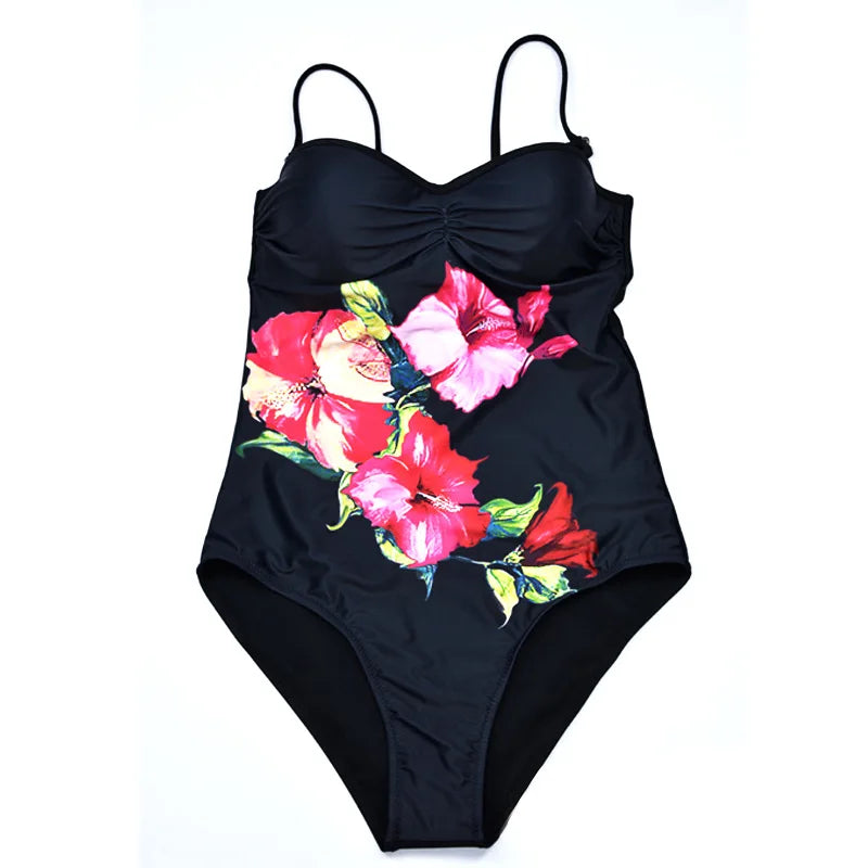 One Piece Swimsuit Closed Large Size Print Swimwear Women Flower Push Up Swimsuits Body Female Beach Bathing Suit XXL
