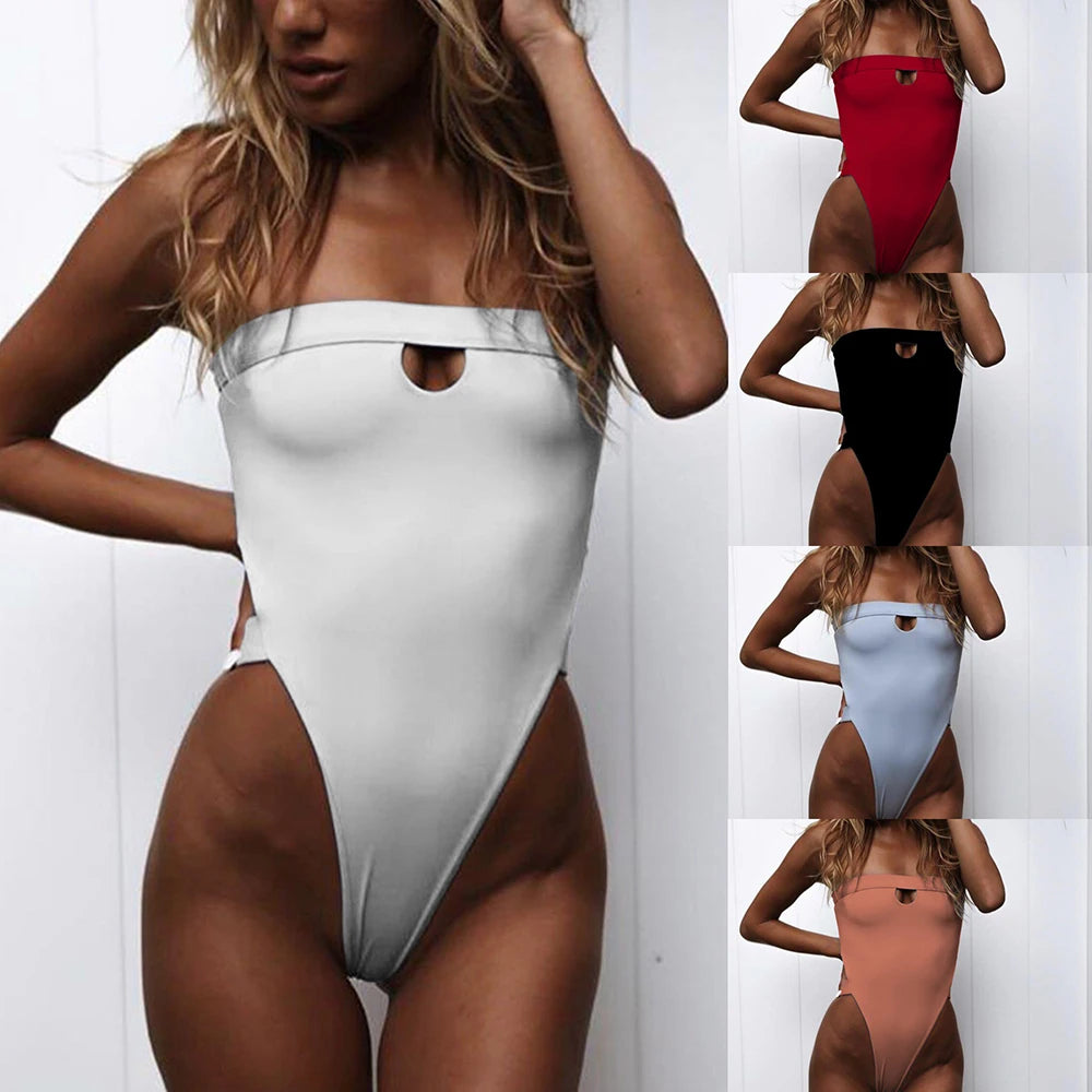 One Piece Swimsuit  Arrival Strapless High Leg Backless Swimwear Women Solid Bodysuit Monokini Swim Suit