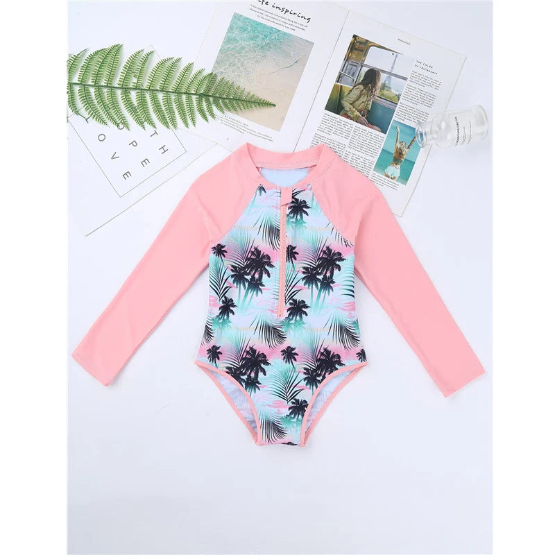 Summer Swimming One-piece Kids Girls Swimsuit Rash Guard Long Sleeves Palm Printed Zippered Bathing Suit Swimwear Beach Wear