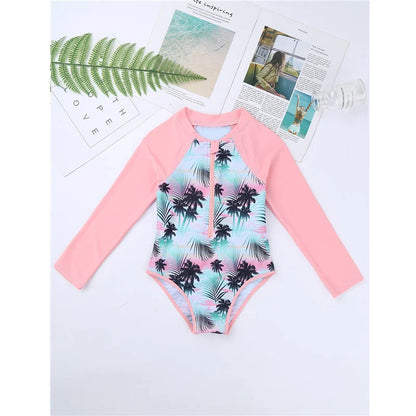 Summer Swimming One-piece Kids Girls Swimsuit Rash Guard Long Sleeves Palm Printed Zippered Bathing Suit Swimwear Beach Wear