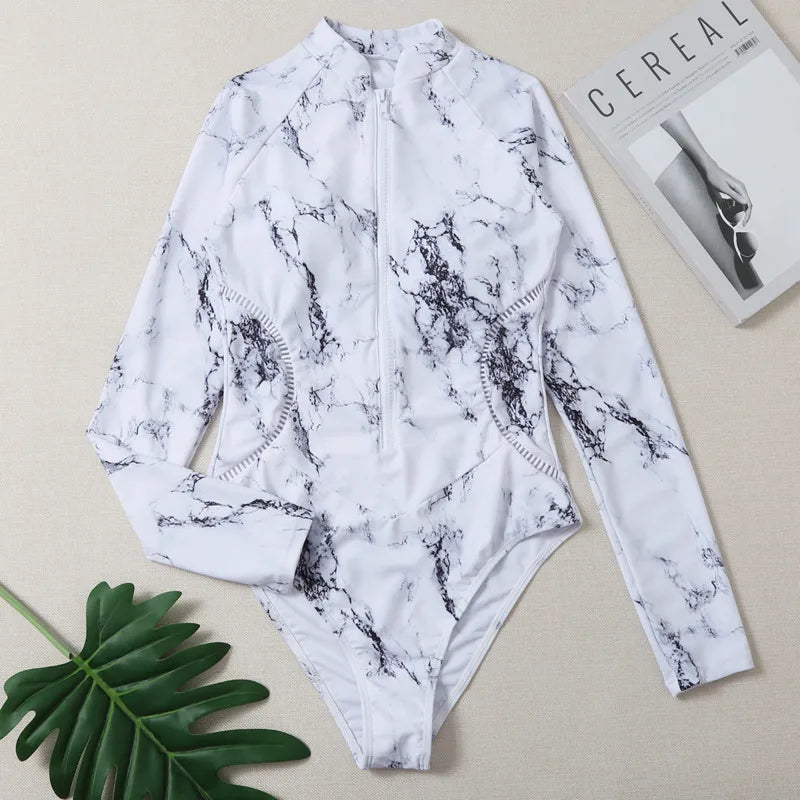 Marble Design Blue Black White Print Color One-Piece Swimsuit Long Sleeve Swimwear Sports Women's Swimming Bathing Suit Beach Bather Surfing Swim Wear