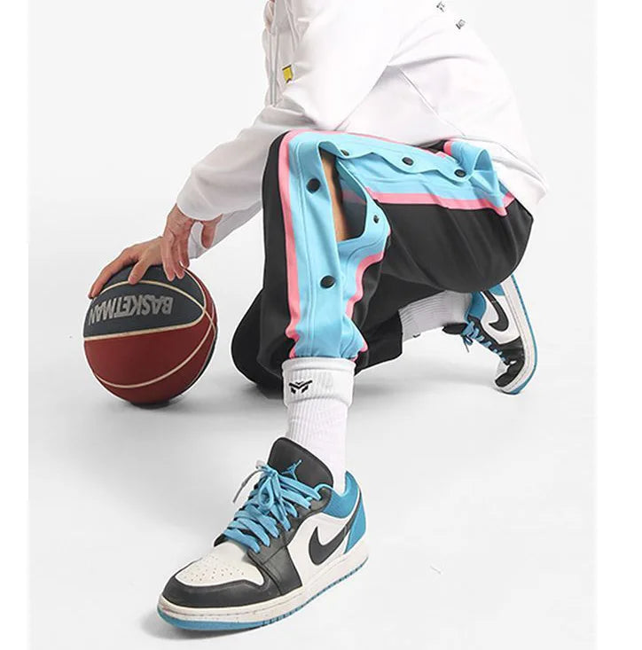 Harajuku Fashion Sports Men Pants Daily Outdoor Basketball Sweatpants Hollow Out Side Stripe Button Fly Design Creative Trousers